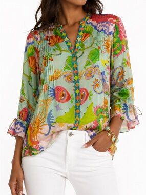 Johnny Was Vacanza Silk KAYLA Graphic Button Up Top Blouse sz Large NEW
